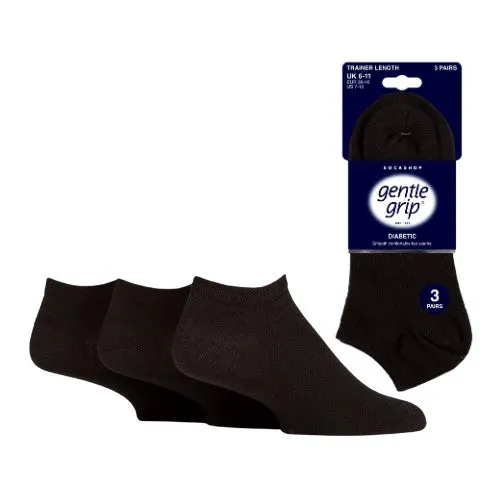 3 Pairs Black - Mens Gentle Grip HoneyComb Top Diabetic Trainer Socks Size 6-11