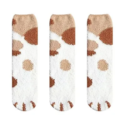 3 Pairs Women Cat Paw Cartoon Design Fluffy Socks For Women