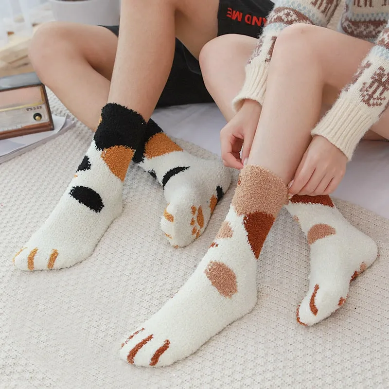 3 Pairs Women Cat Paw Cartoon Design Fluffy Socks For Women