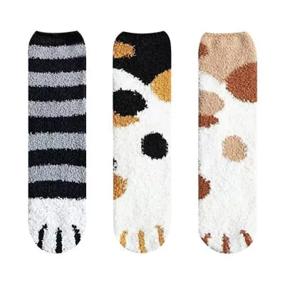 3 Pairs Women Cat Paw Cartoon Design Fluffy Socks For Women