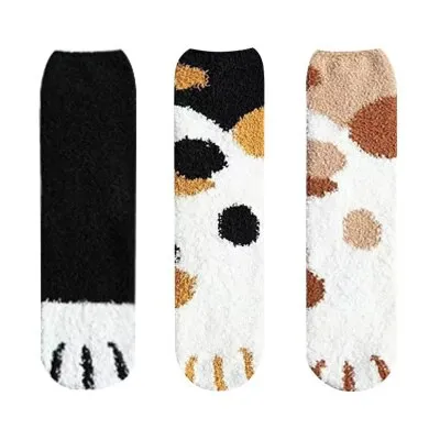 3 Pairs Women Cat Paw Cartoon Design Fluffy Socks For Women