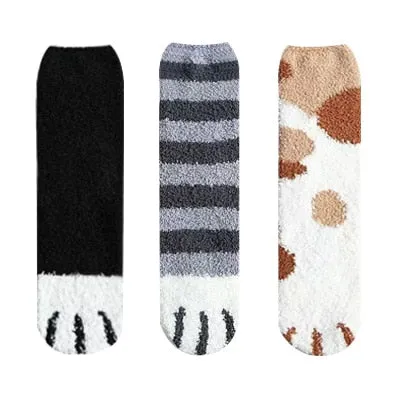 3 Pairs Women Cat Paw Cartoon Design Fluffy Socks For Women