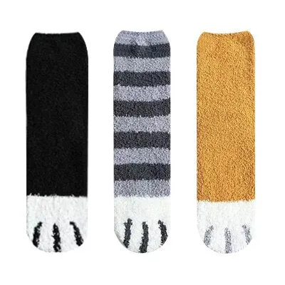 3 Pairs Women Cat Paw Cartoon Design Fluffy Socks For Women