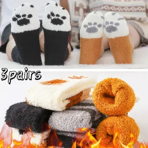 3 Pairs Women Cat Paw Cartoon Design Fluffy Socks For Women