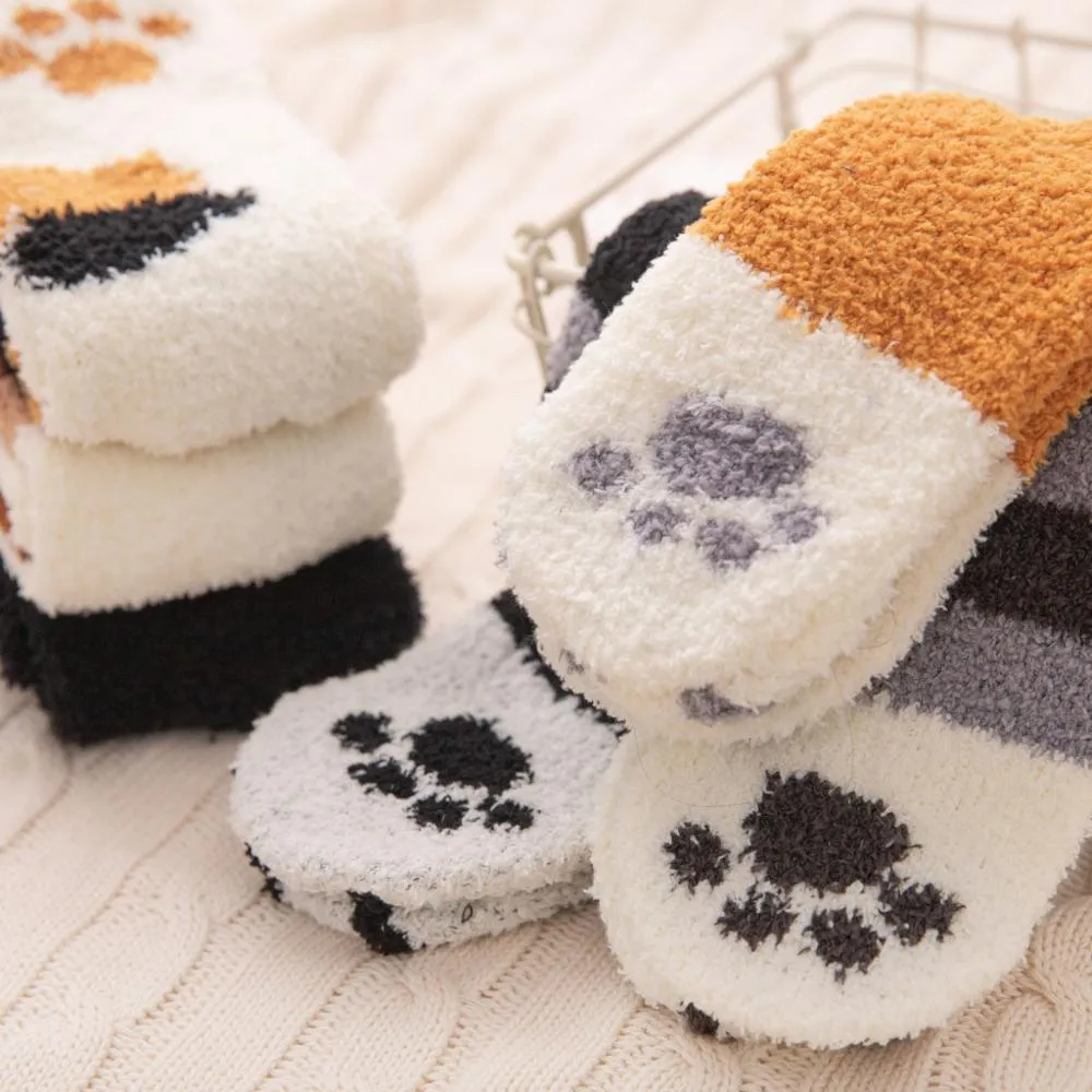 3 Pairs Women Cat Paw Cartoon Design Fluffy Socks For Women