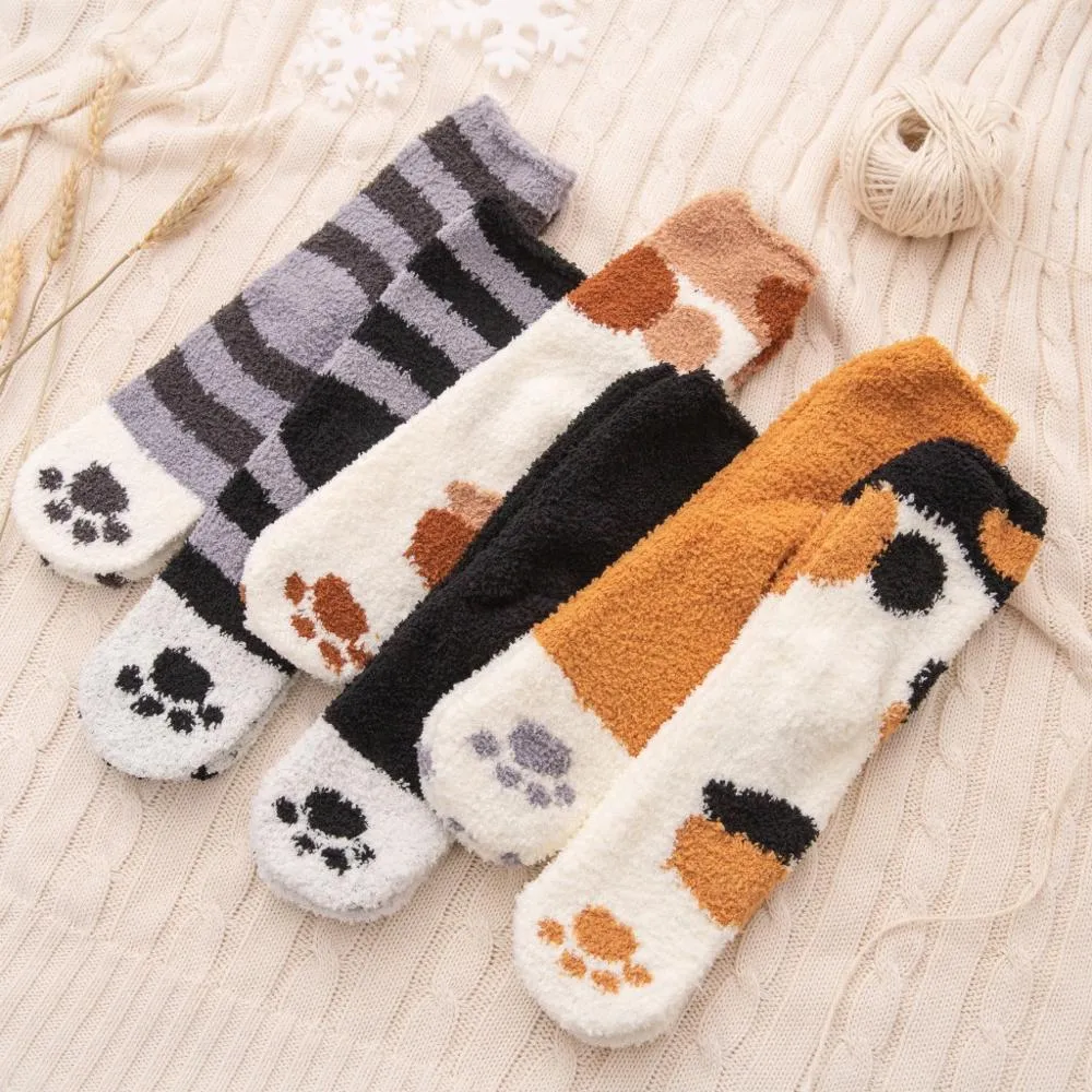 3 Pairs Women Cat Paw Cartoon Design Fluffy Socks For Women