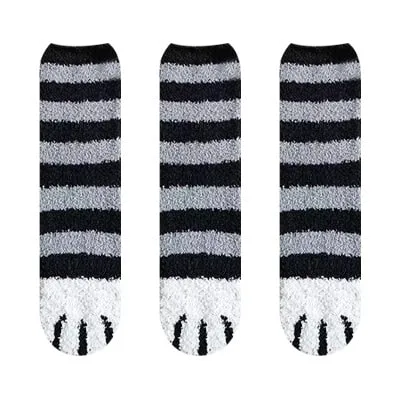 3 Pairs Women Cat Paw Cartoon Design Fluffy Socks For Women