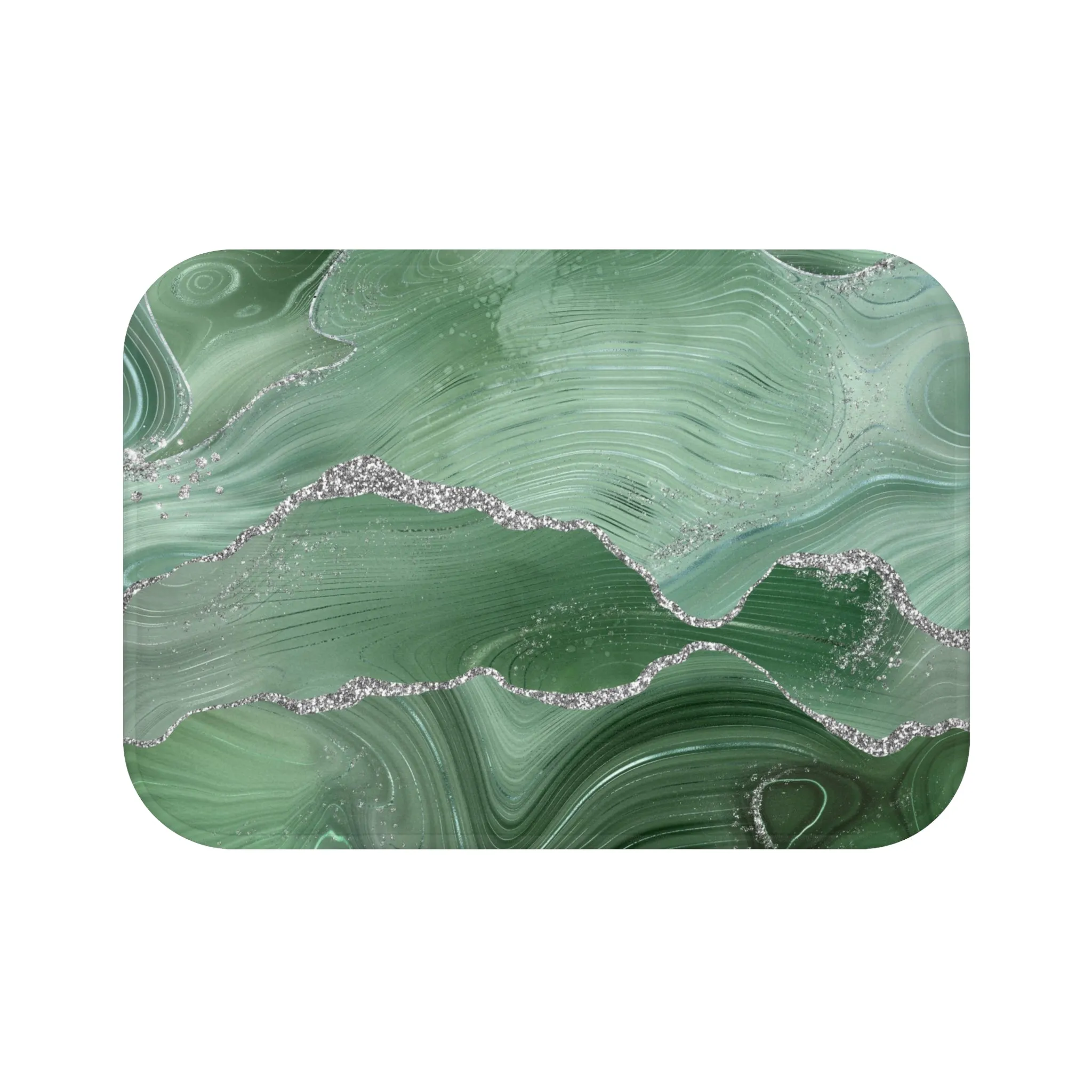 Abstract Bath, Kitchen Mat | Sage Green, Silver Marble Print