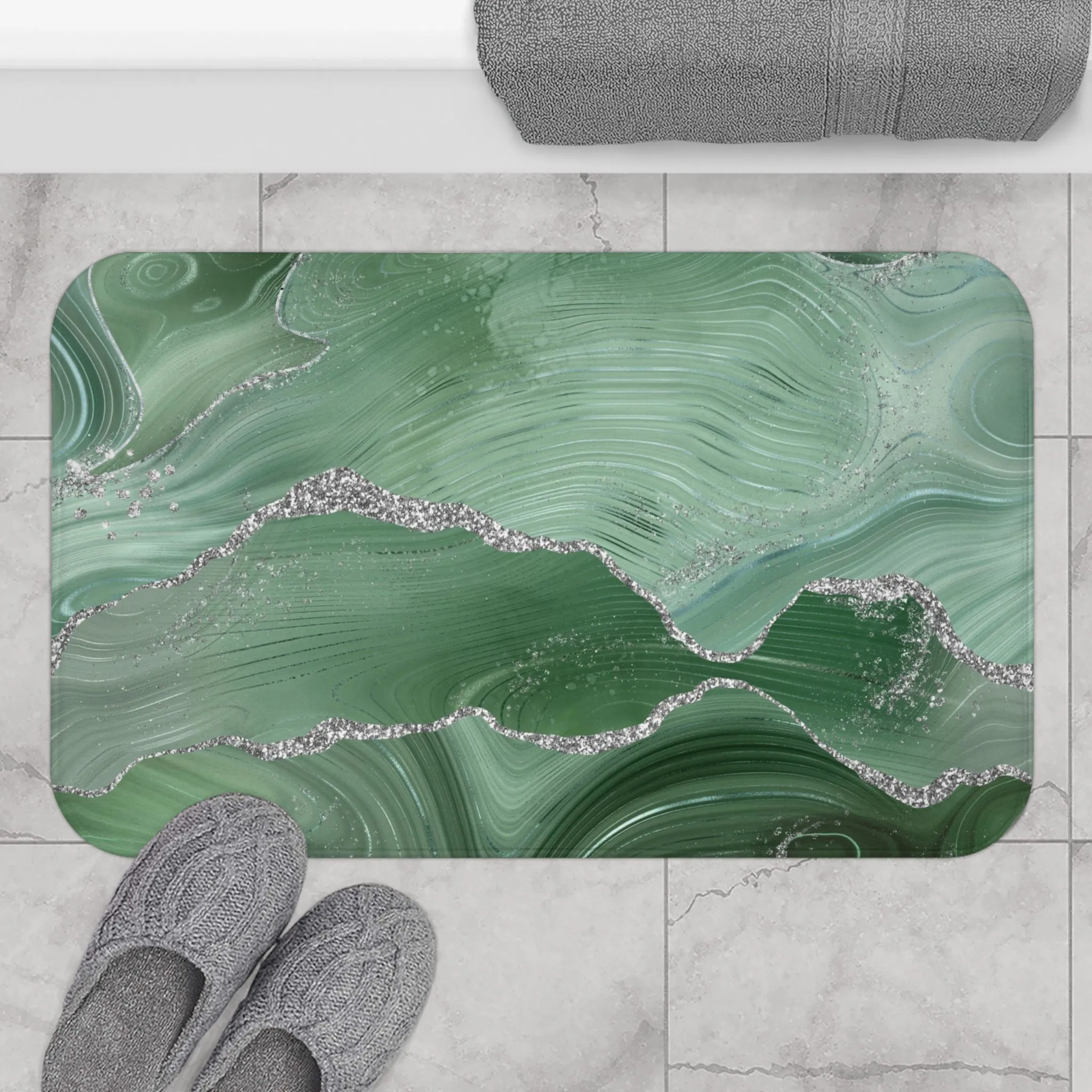 Abstract Bath, Kitchen Mat | Sage Green, Silver Marble Print