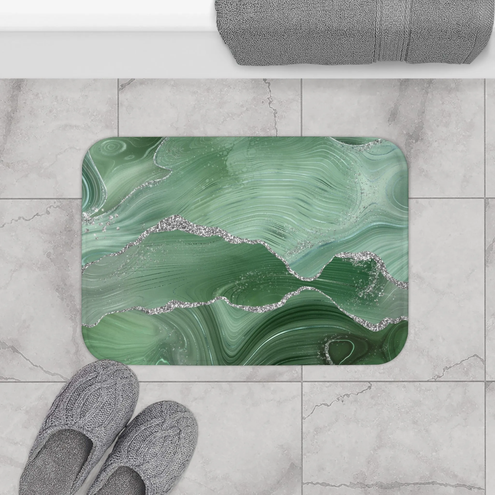 Abstract Bath, Kitchen Mat | Sage Green, Silver Marble Print