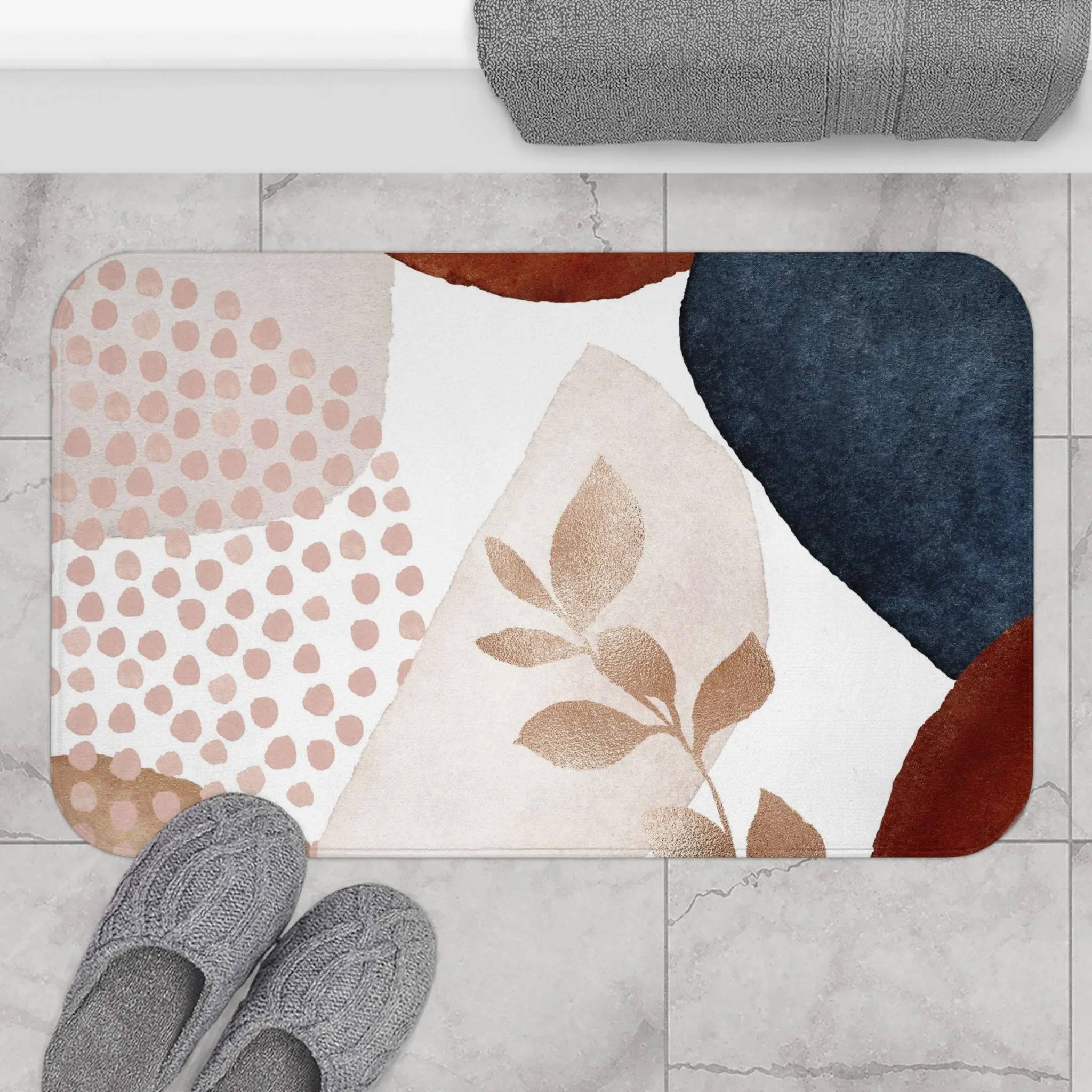 Abstract Bath Mat, Kitchen Mat | Blush Pink, White, Beige, Navy Blue Mat