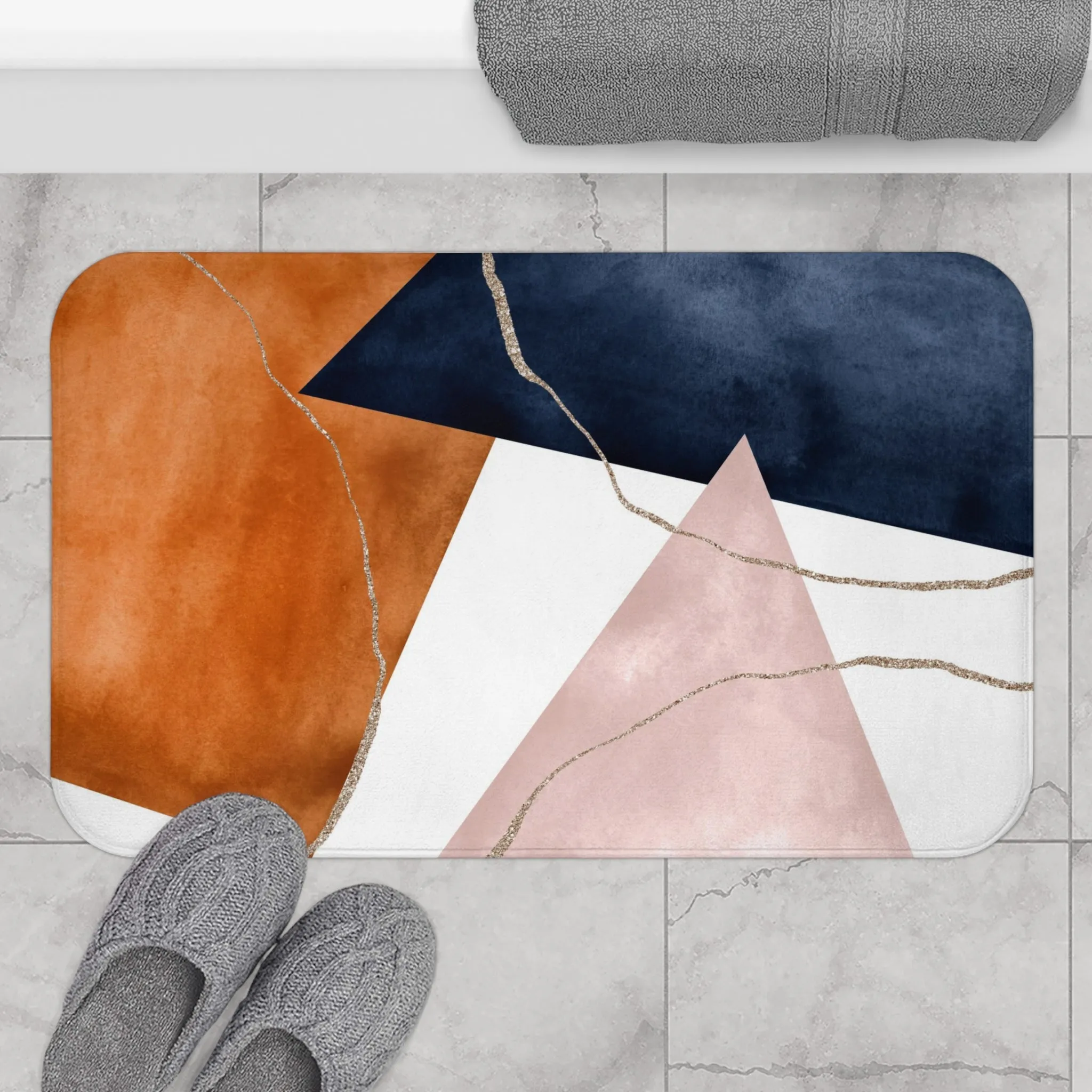 Abstract Bath Mat | Navy Blue, Burnt Orange, Blush Pink