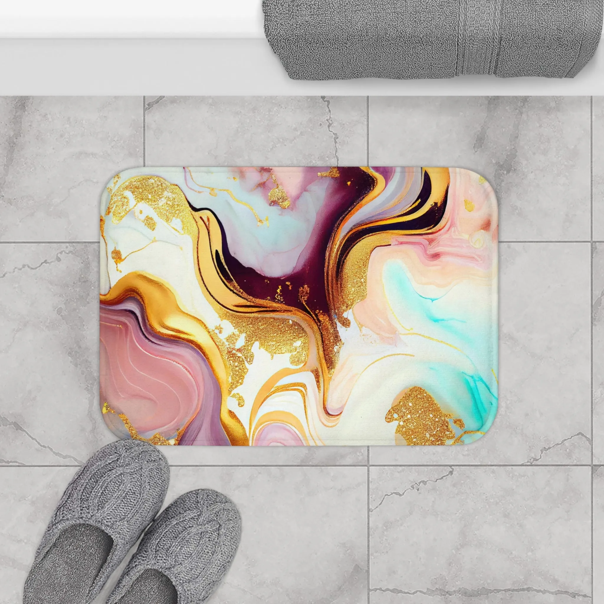 Abstract Bath Mat | Purple Pink Turquoise Gold Beige