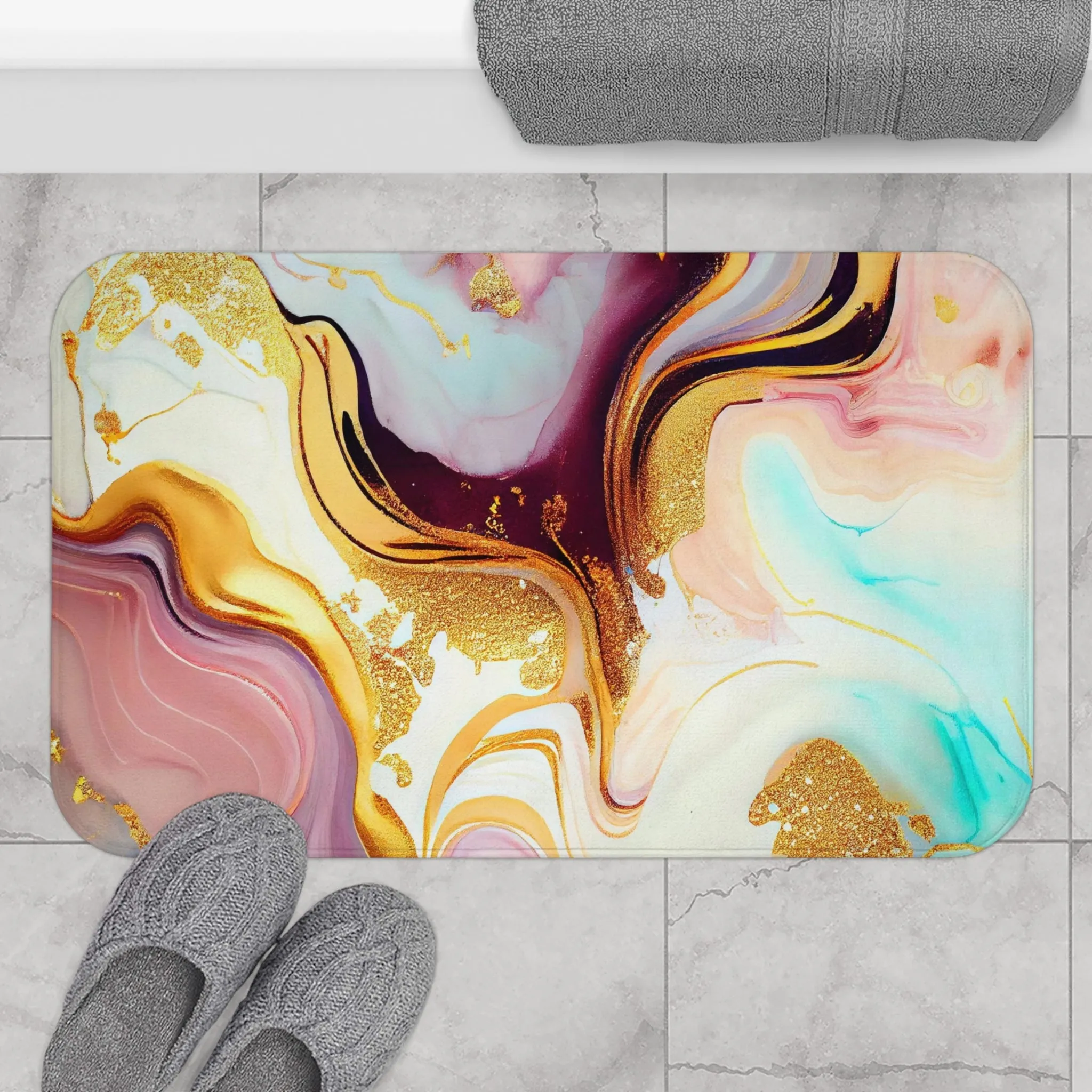 Abstract Bath Mat | Purple Pink Turquoise Gold Beige