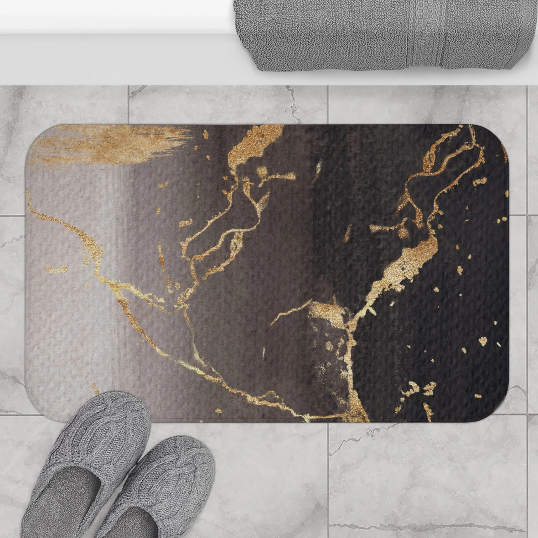 Abstract Bath Mat | Taupe Brown, Black Gold