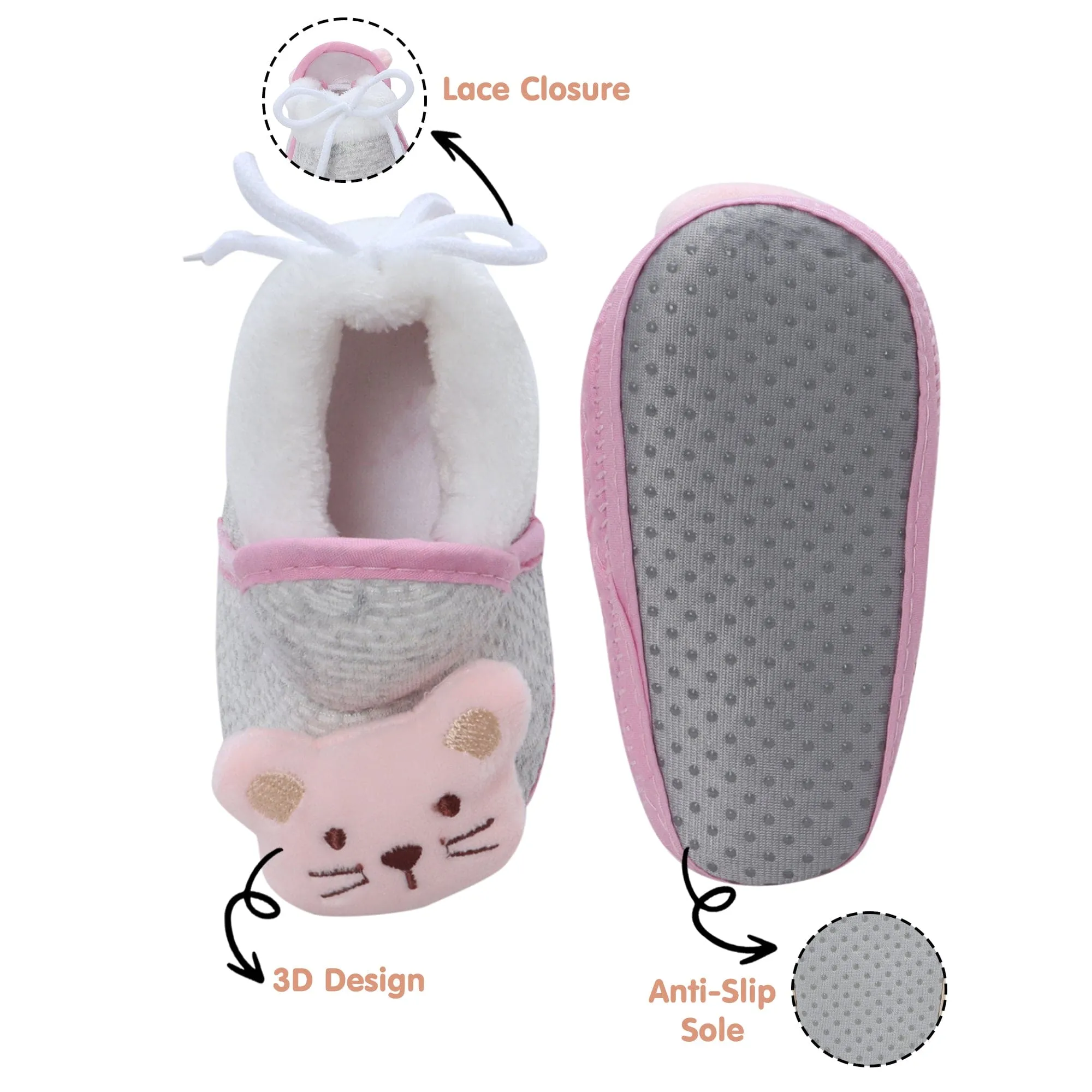 Baby Moo 3D Cute Kitty Soft Slip-On Anti-Skid Plush Warm Booties - Pink