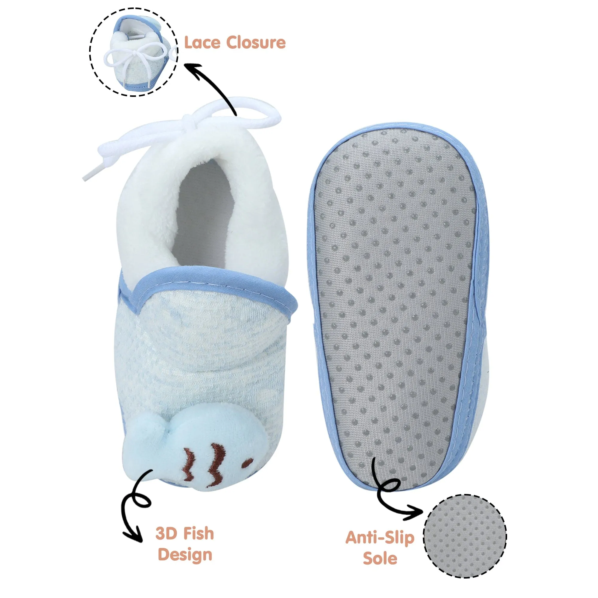 Baby Moo 3D Fish Soft Slip-On Anti-Skid Plush Warm Booties - Blue