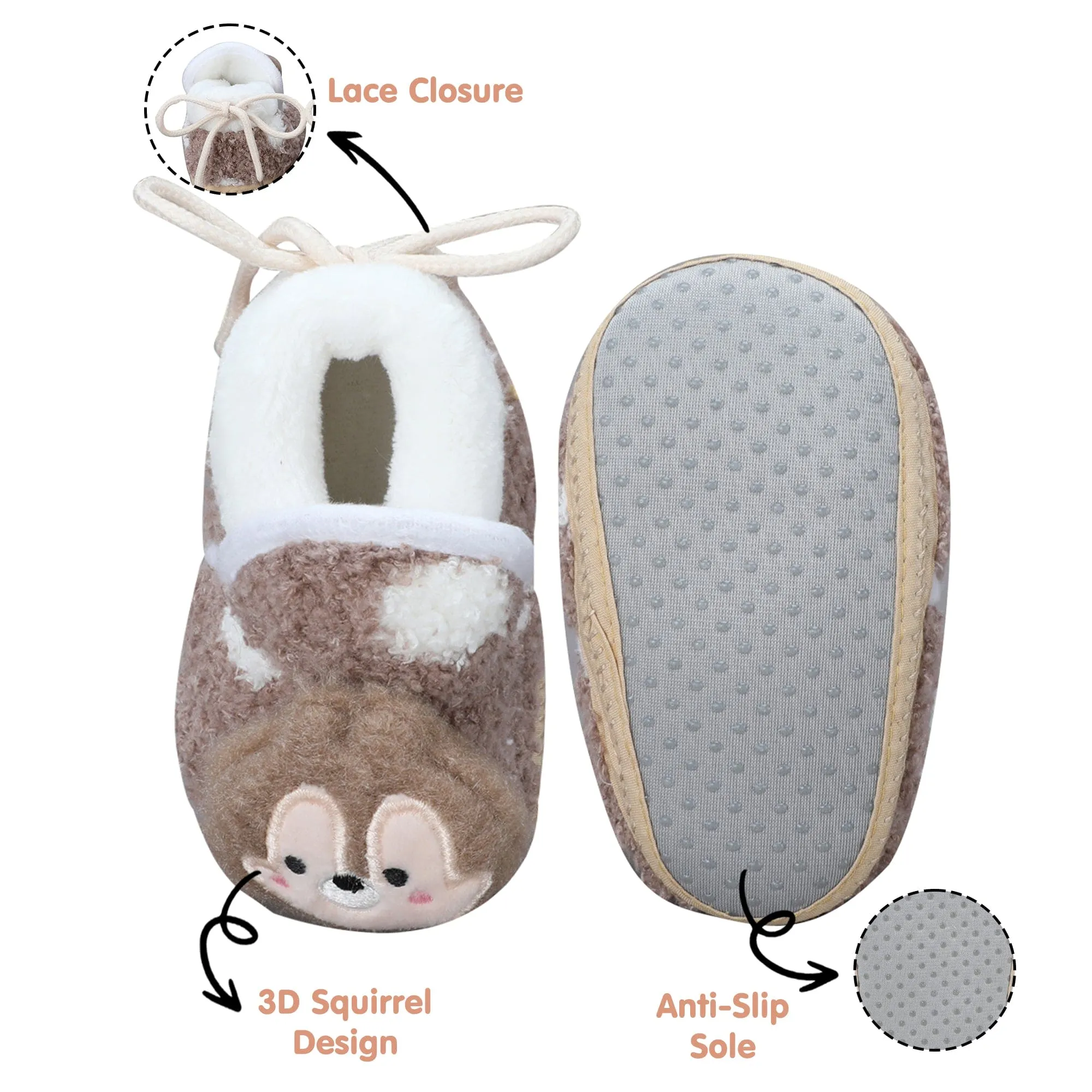 Baby Moo 3D Squirrel Soft Slip-On Anti-Skid Plush Warm Booties - Brown