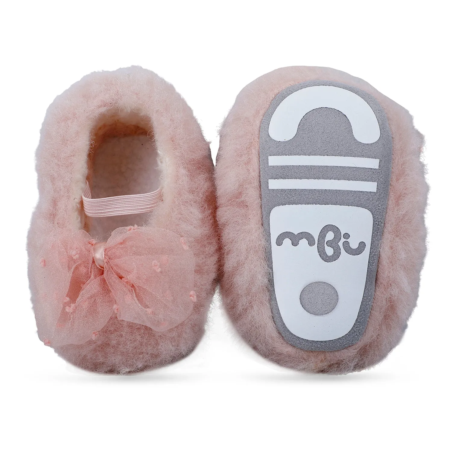 Baby Moo Bow Applique Warm Furry Booties - Pink