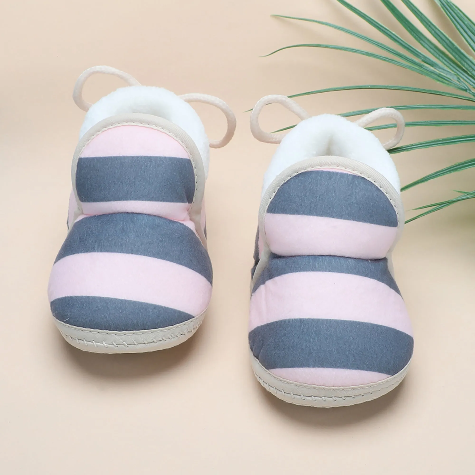 Baby Moo Broad Stripes Soft Slip-On Anti-Skid Plush Warm Booties - Pink