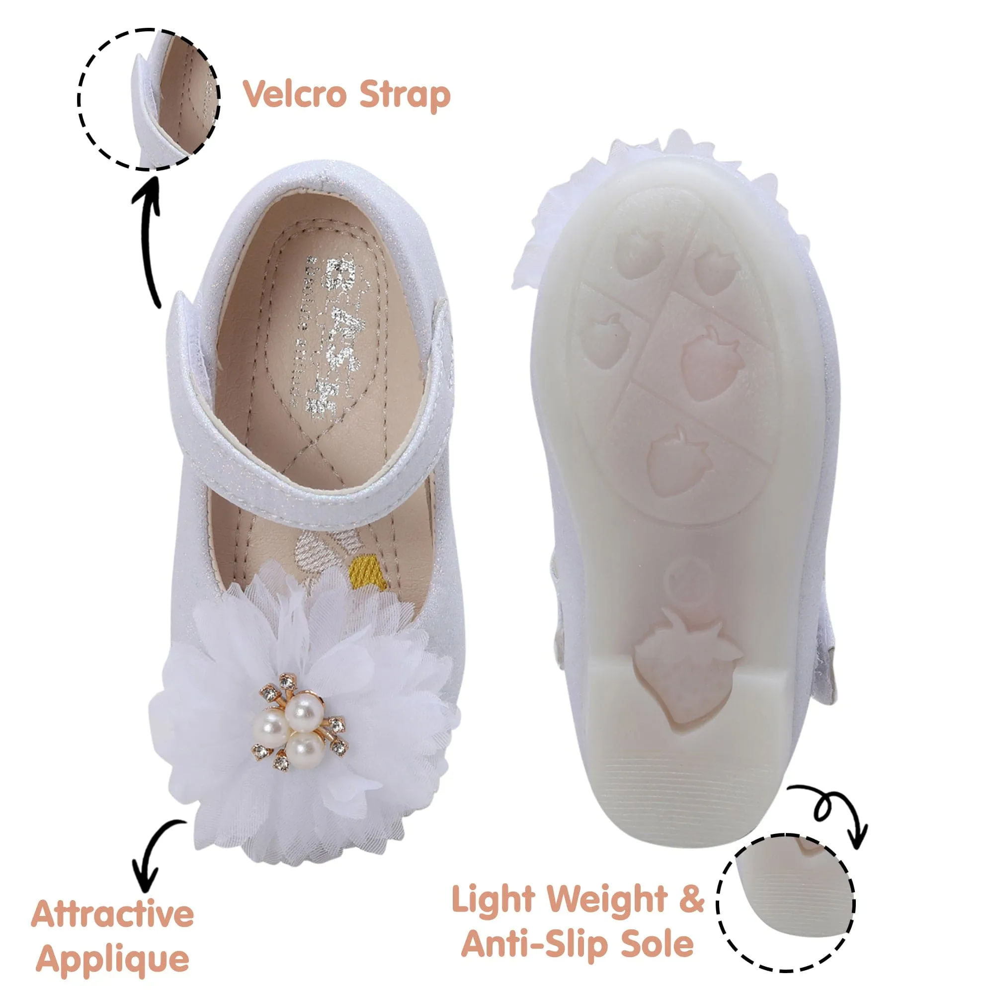 Baby Moo Glittery Pearl Embellished Floral Applique Mary Jane Velcro Strap Anti-Skid Ballerina Shoes - White