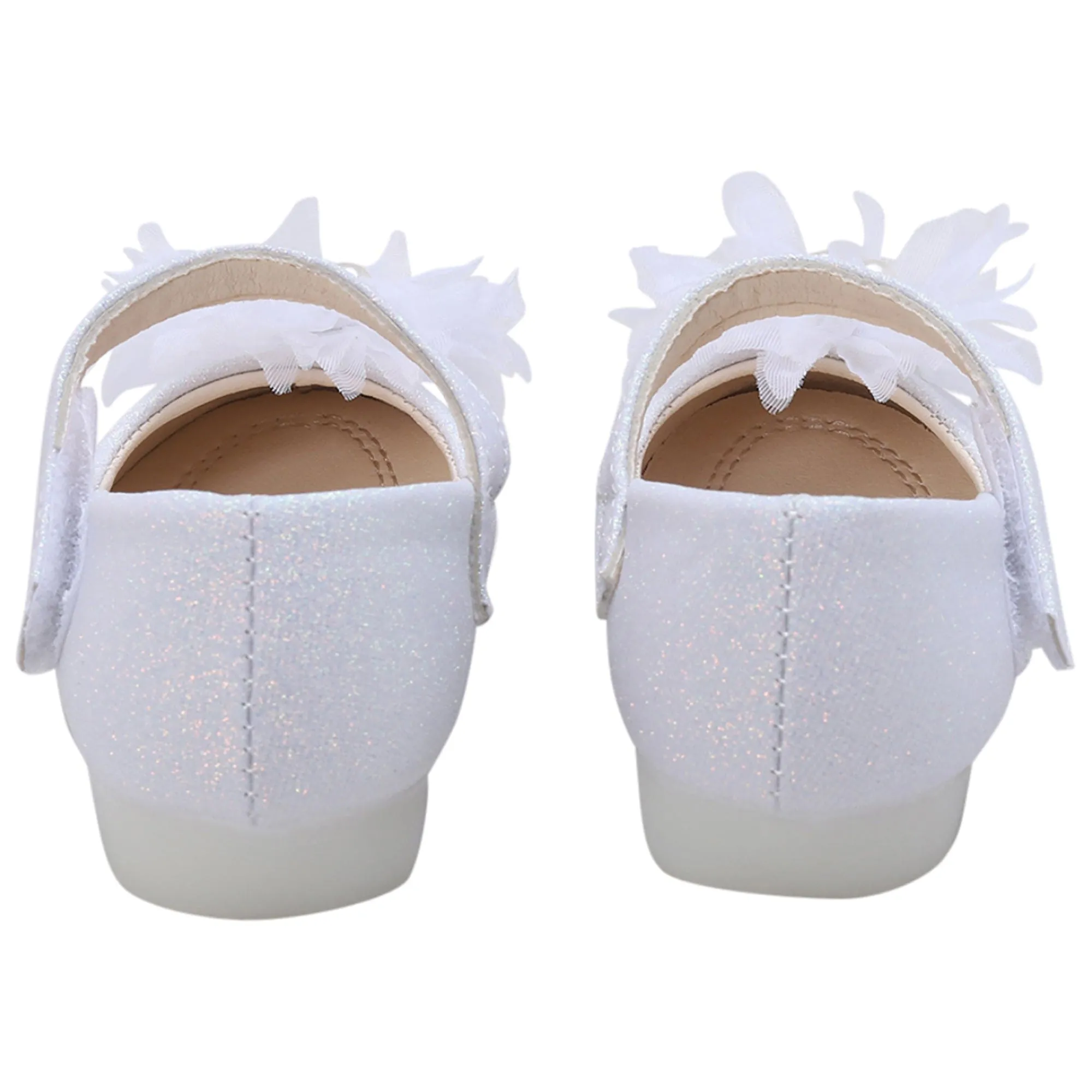 Baby Moo Glittery Pearl Embellished Floral Applique Mary Jane Velcro Strap Anti-Skid Ballerina Shoes - White