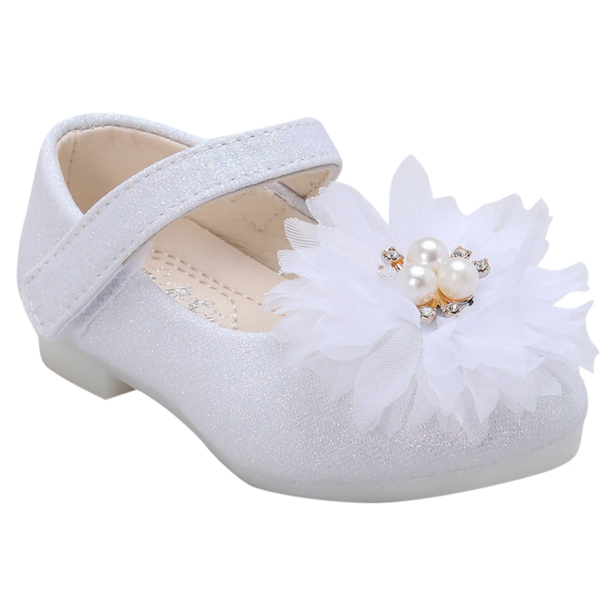 Baby Moo Glittery Pearl Embellished Floral Applique Mary Jane Velcro Strap Anti-Skid Ballerina Shoes - White