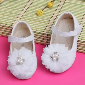 Baby Moo Glittery Pearl Embellished Floral Applique Mary Jane Velcro Strap Anti-Skid Ballerina Shoes - White