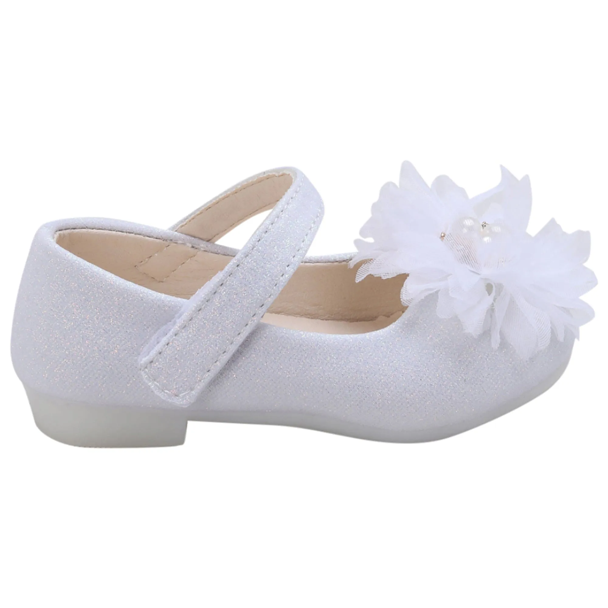 Baby Moo Glittery Pearl Embellished Floral Applique Mary Jane Velcro Strap Anti-Skid Ballerina Shoes - White