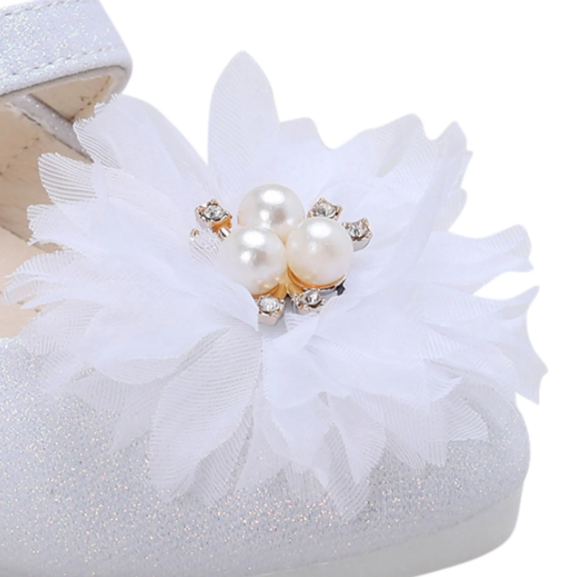 Baby Moo Glittery Pearl Embellished Floral Applique Mary Jane Velcro Strap Anti-Skid Ballerina Shoes - White