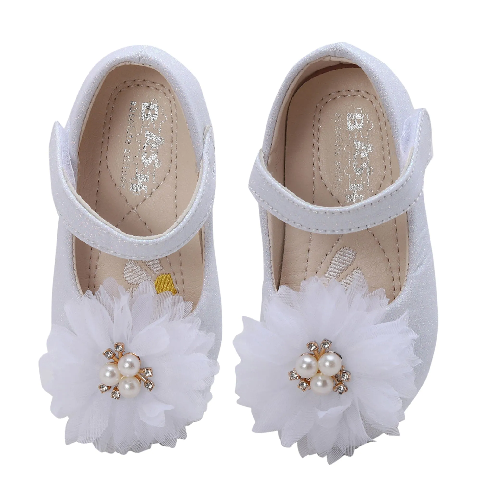 Baby Moo Glittery Pearl Embellished Floral Applique Mary Jane Velcro Strap Anti-Skid Ballerina Shoes - White