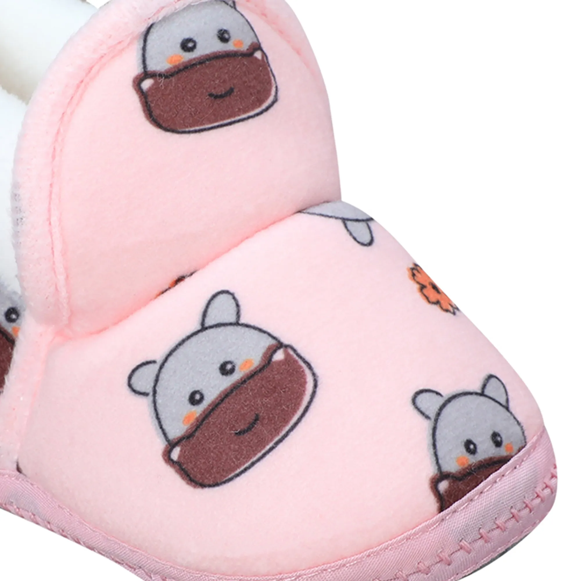 Baby Moo Hippo Face Printed Soft Slip-On Anti-Skid Plush Warm Booties - Pink