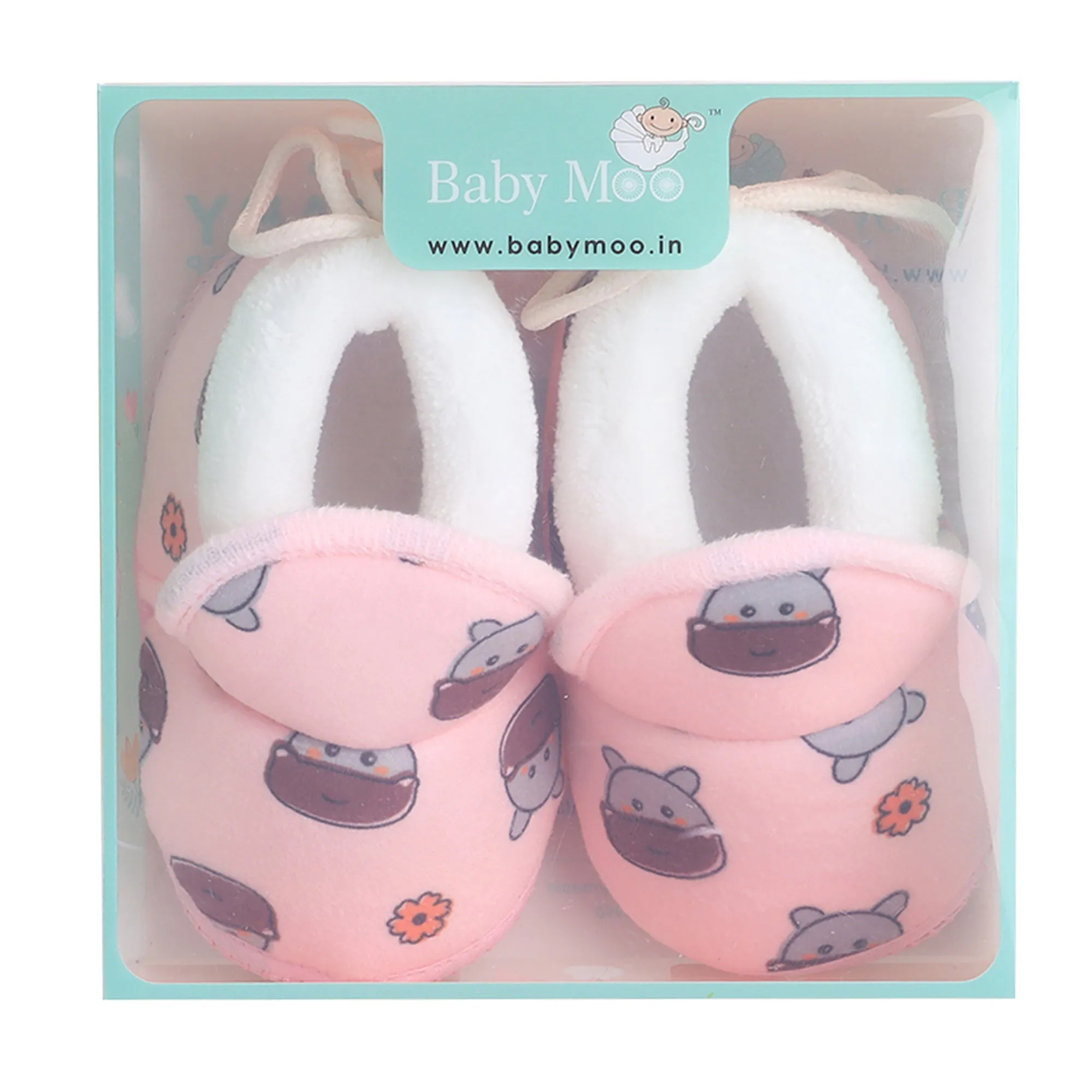 Baby Moo Hippo Face Printed Soft Slip-On Anti-Skid Plush Warm Booties - Pink