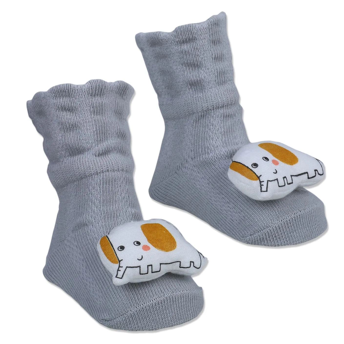 Baby Moo Smiling Elephant Cotton Anti-Skid 3D Socks - Grey