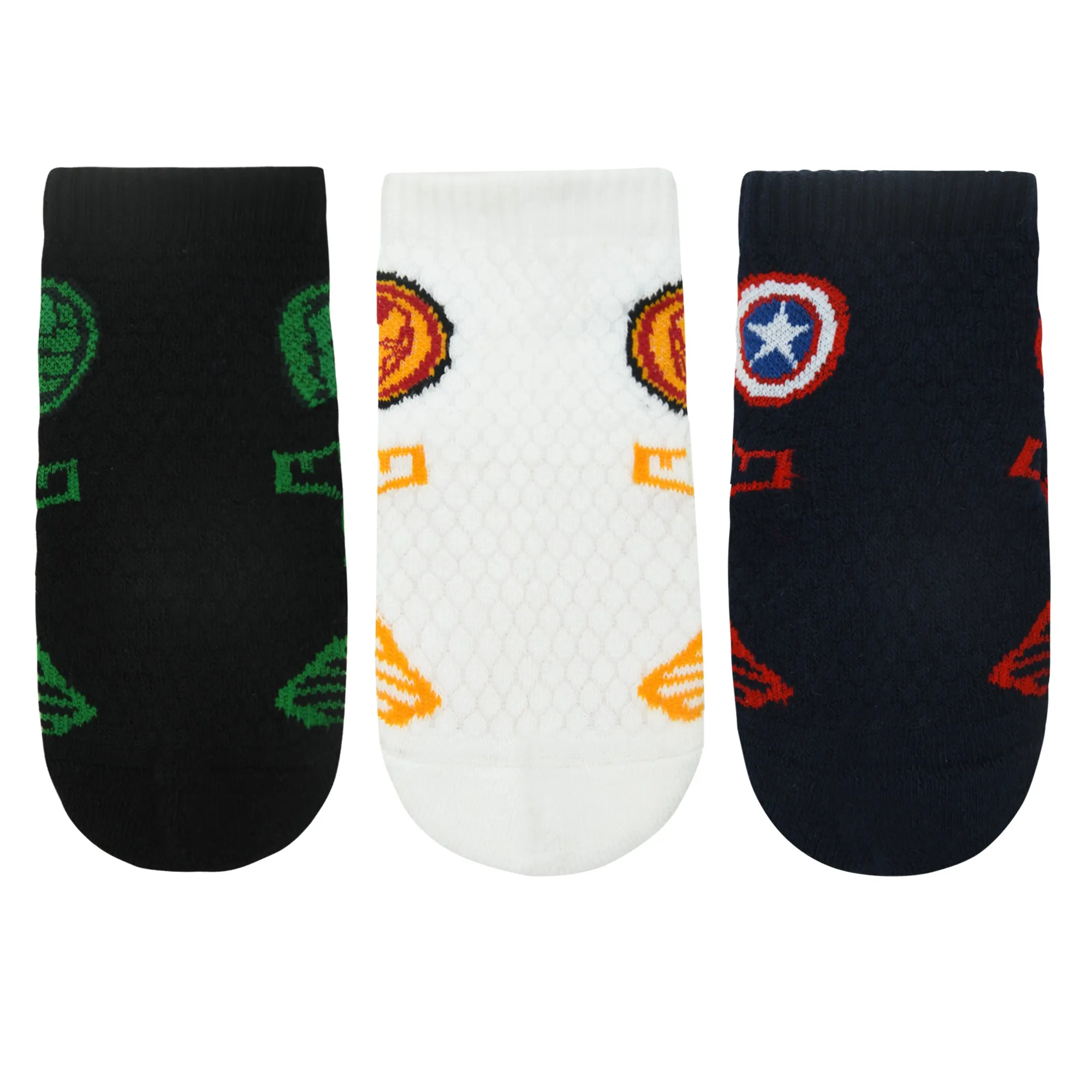 Balenzia x Marvel Anti-Skid Half Cushioned High Ankle socks for Kids- Captain America, Iron Man, Hulk (Pack of 3 Pairs/1U) (Green, Navy, White)