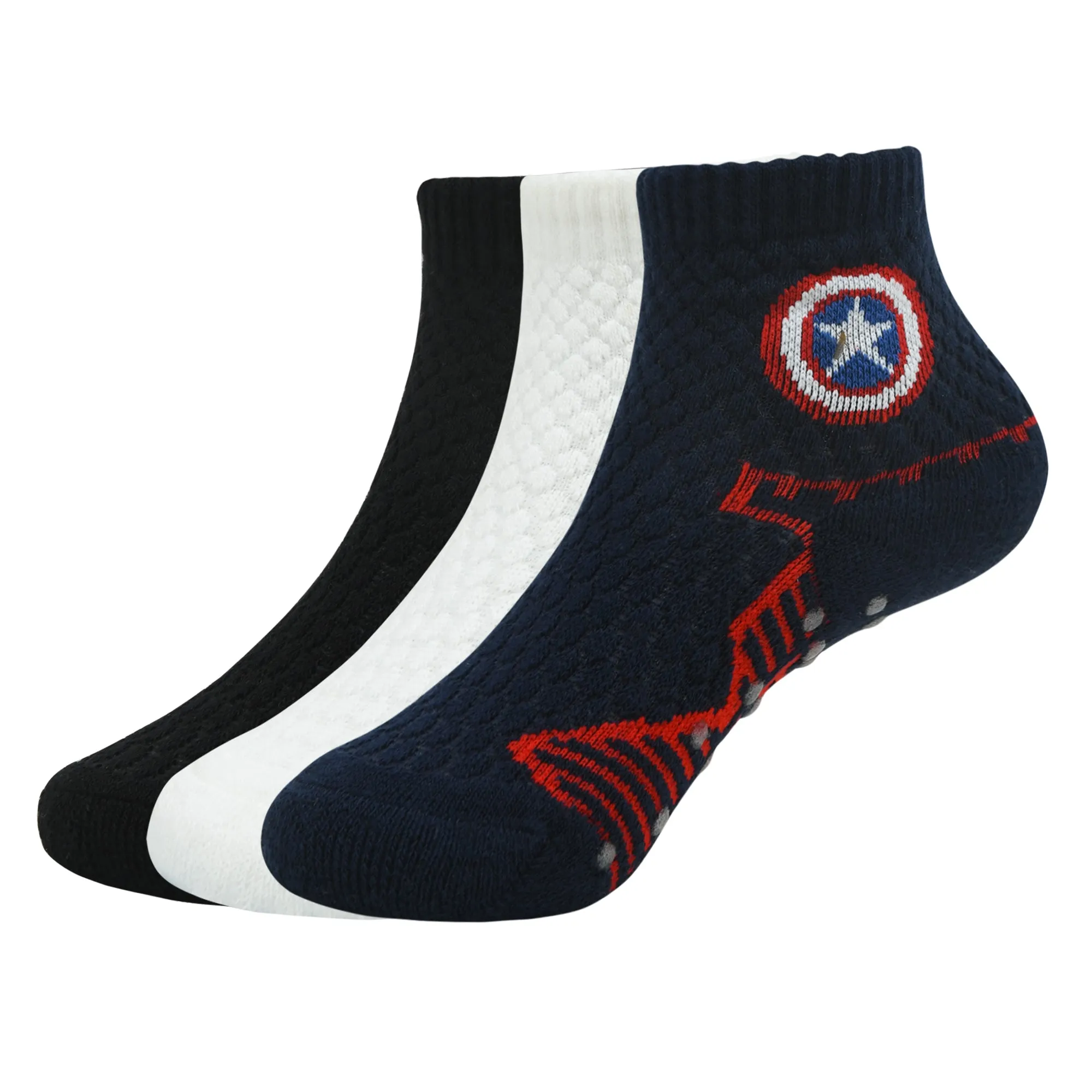 Balenzia x Marvel Anti-Skid Half Cushioned High Ankle socks for Kids- Captain America, Iron Man, Hulk (Pack of 3 Pairs/1U) (Green, Navy, White)