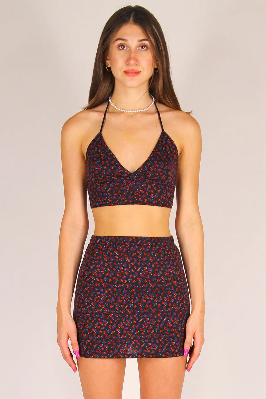 Bralette - Stretchy Black with Red Floral