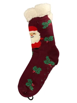 Burgundy Santa Holly Sherpa Slipper Socks-79