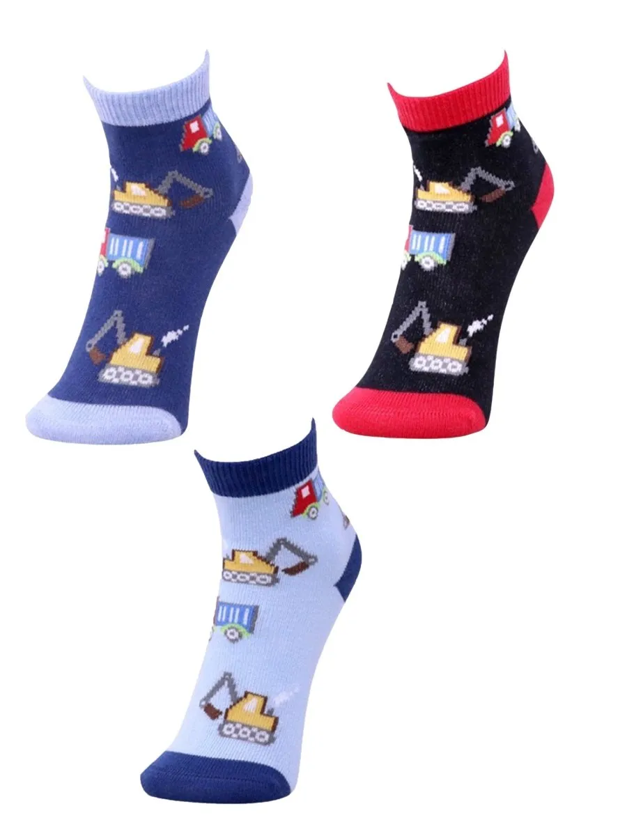 Combo Of 3 Kids Ankle Length Socks:Truck Time:Blue, Black, Navy