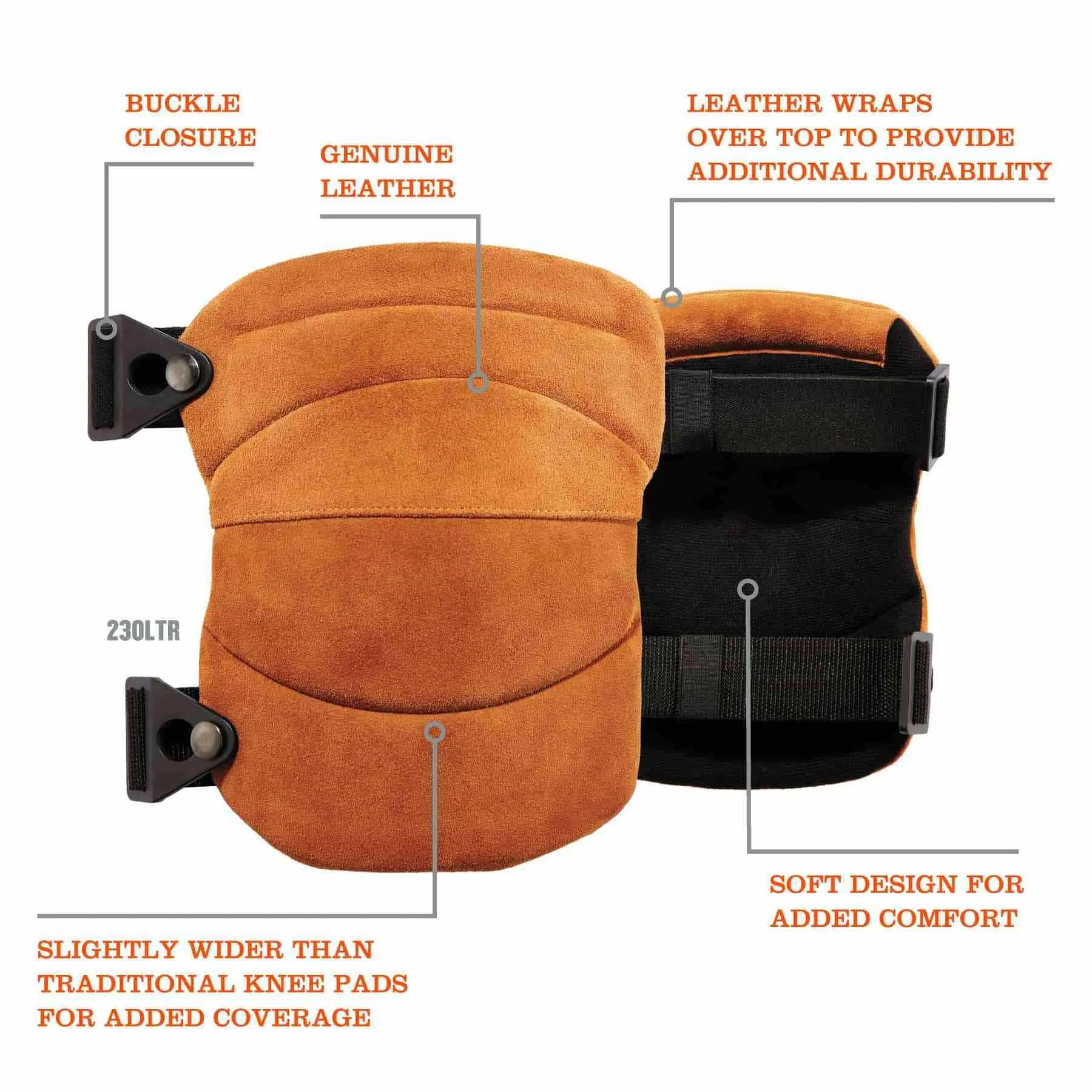 Ergodyne 18232 230LTR  Brown Leather Knee Pads - Wide Soft Cap