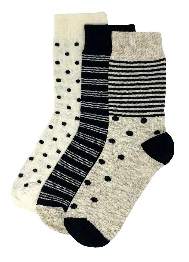 Flexitop Socks 3 Pack Bamboo Socks - Beige Polka Dots & Black Striped