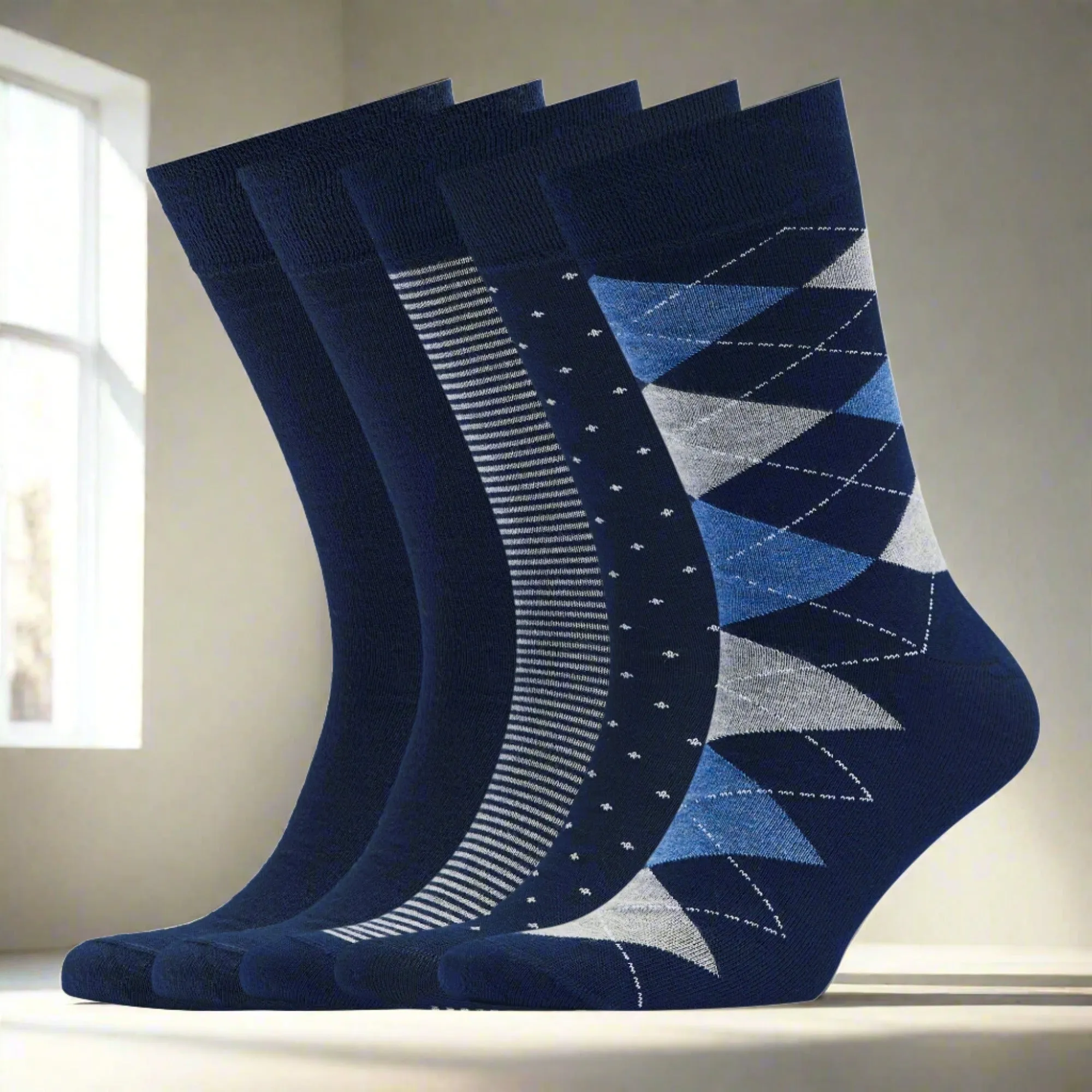 Men's Bamboo Dress Socks • Pattern Pack of 5 Pairs • Blue Navy