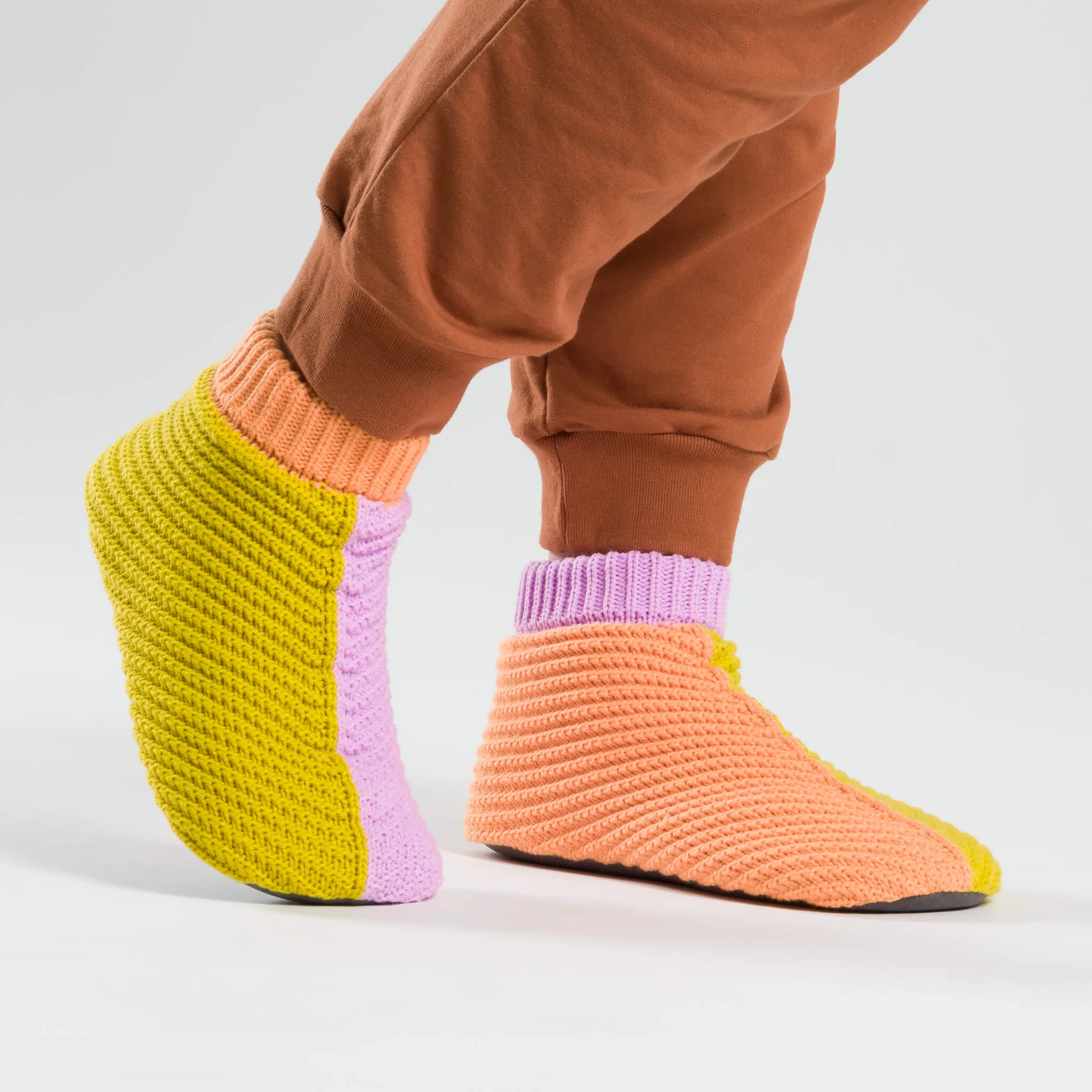 Mismatch Knit Bootie Slippers in Golden Olive Lilac