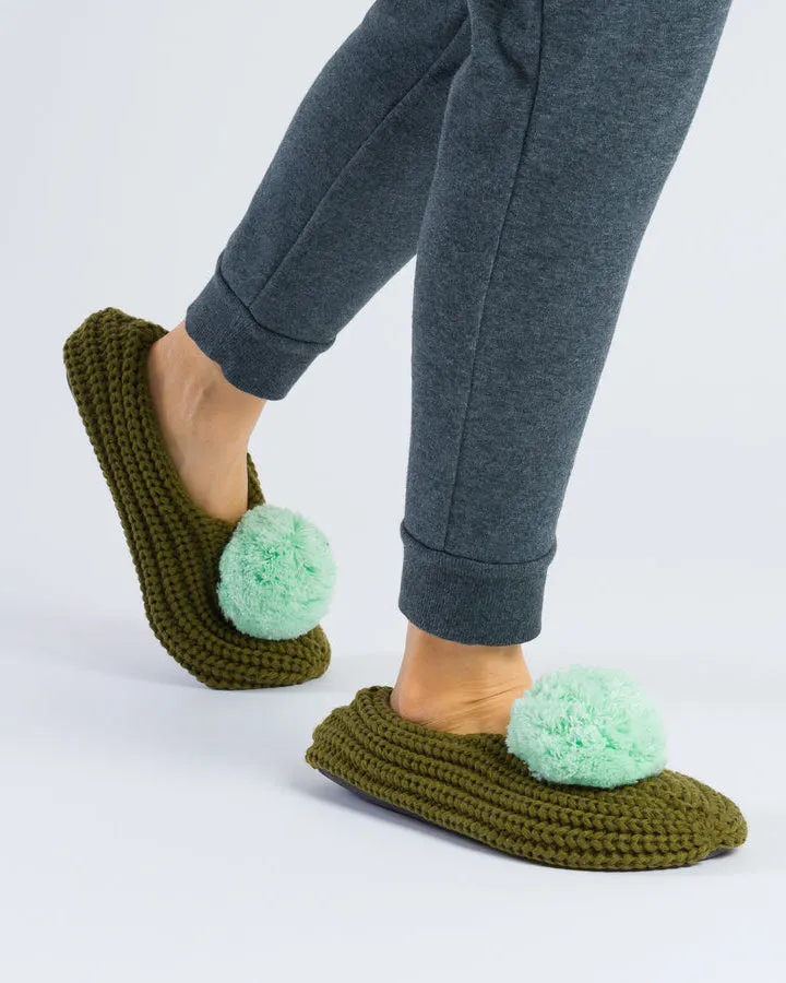 Pom Rib Slippers in Moss