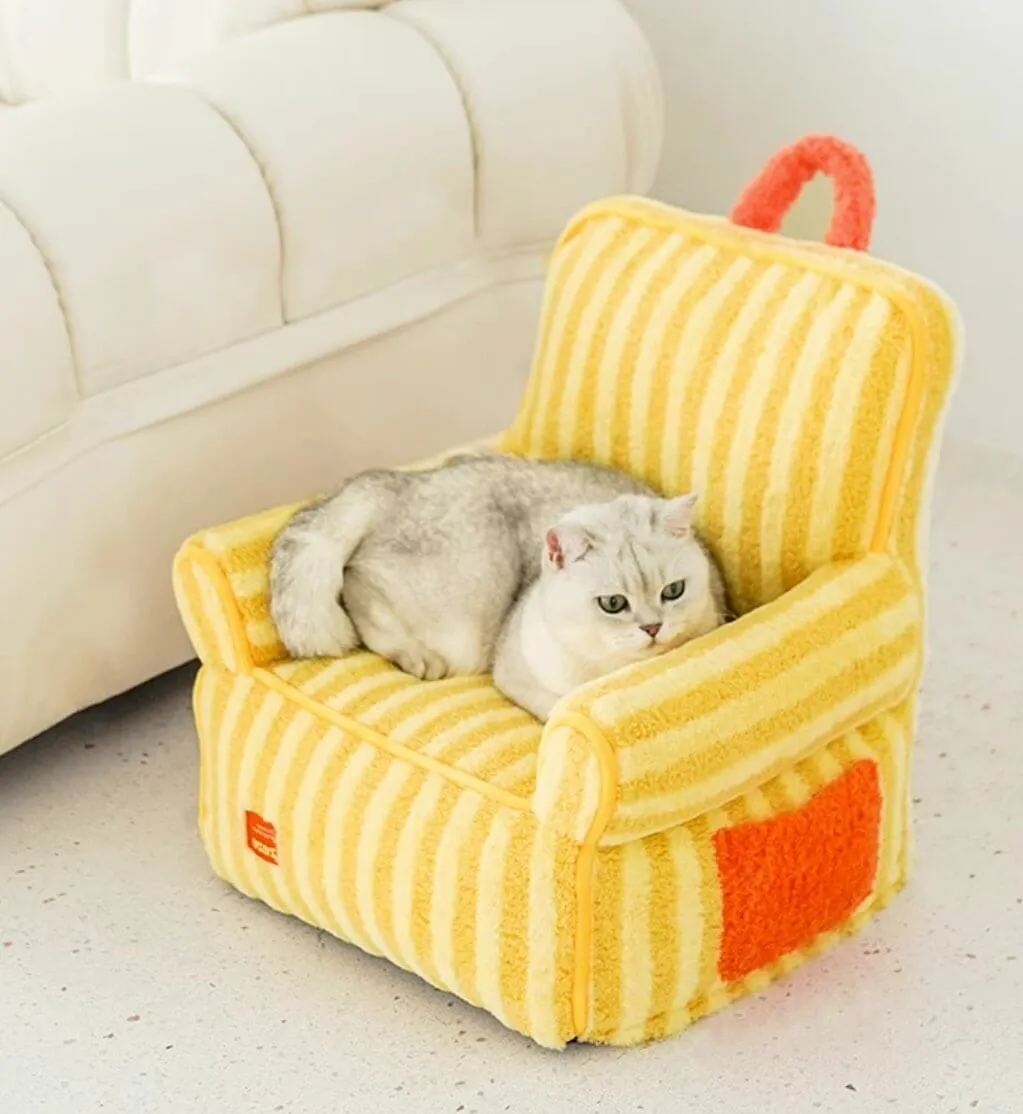 Striped Furry Pet Sofa Soft Bed with Pocket for Cat Dog Yellow