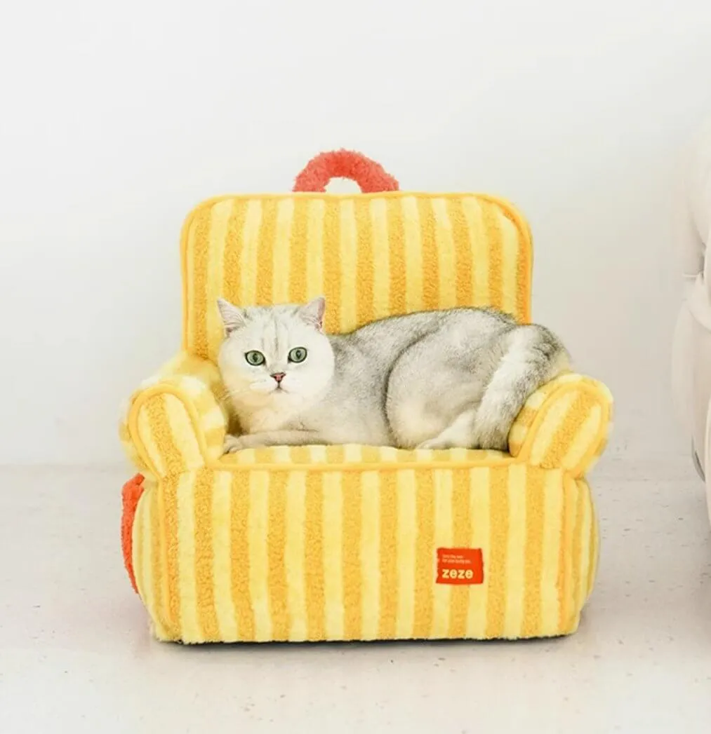 Striped Furry Pet Sofa Soft Bed with Pocket for Cat Dog Yellow