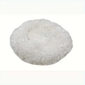 White Round Fluffy Pet Bed - Plush Comfort for Cats and Dogs