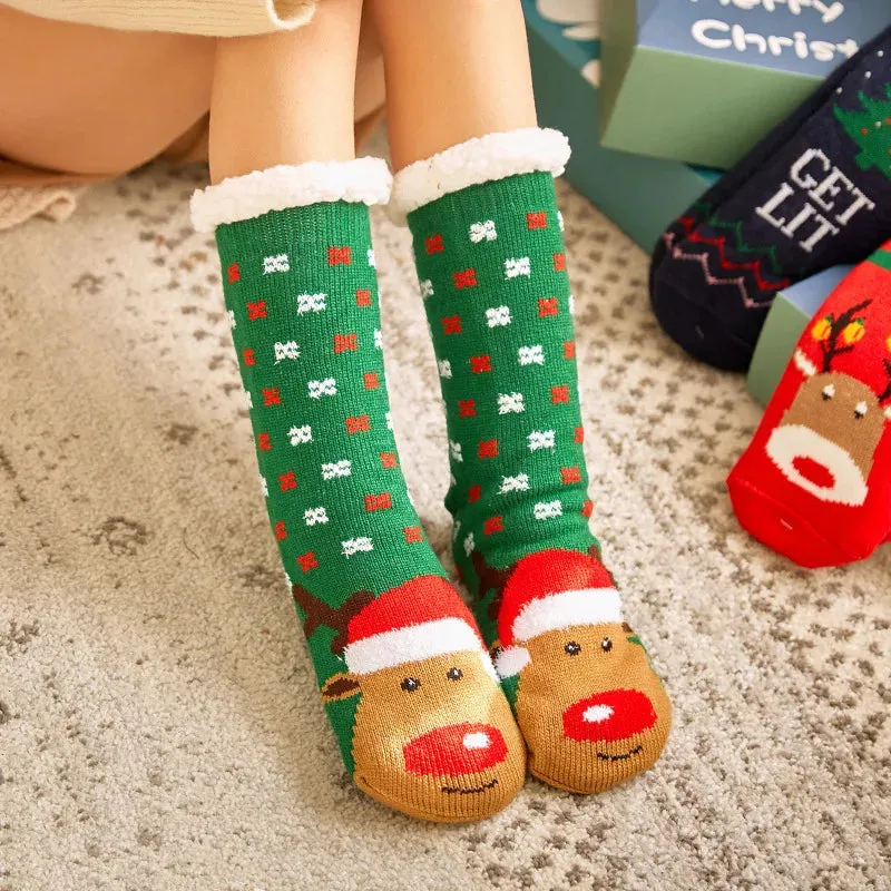 Winter Warm Plush Christmas Socks - Cozy Non-Slip Fuzzy Slippers for Women